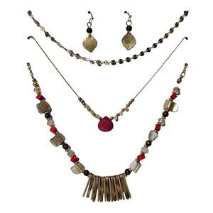 Time And Tru Multi Strand Necklace Earrings Set Genuine Stone Shell Glass Women